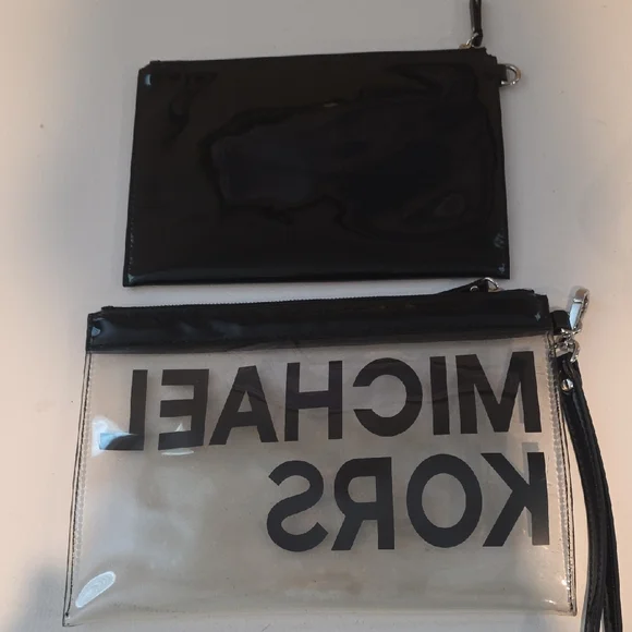 Michael Kors Wristlet Clutch Set Patent Black + Clear Logo Pouch Interchangeable - Picture 2 of 7